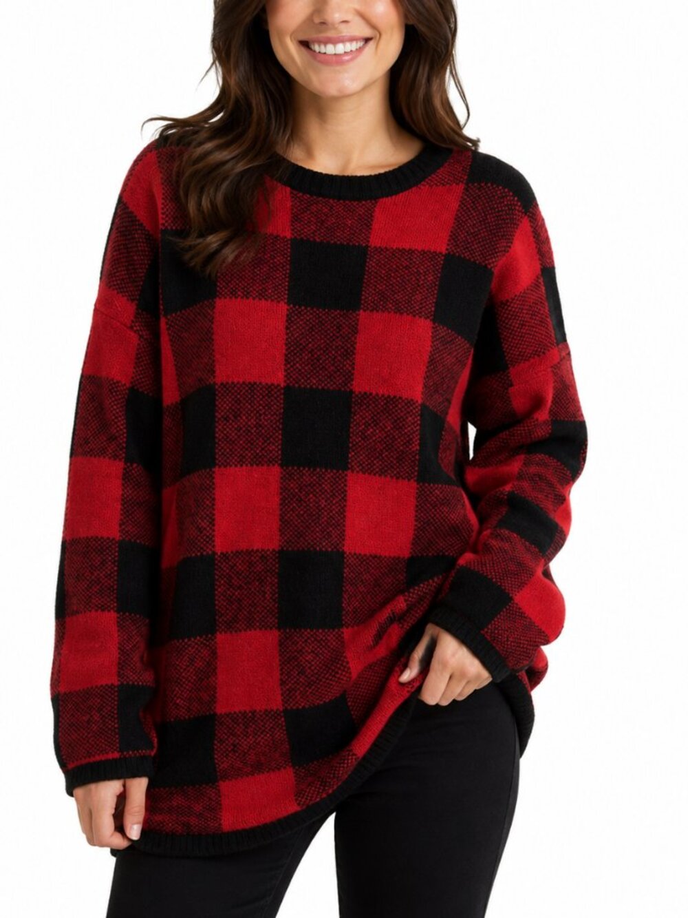CJ Banks Sweater Womens Plus Size 1X Black Red Check Pullover Long Sleeves NWT